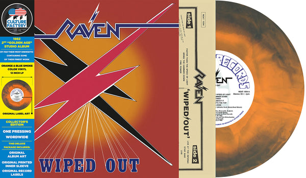 Raven Wiped Out Collector's Edition Includes Original Album Art, Original Printed Inner Sleeve, Original Record Labels Pressed on Orange & Blue Smoke Colored Vinyl LP